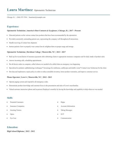Optometric Technician Resume