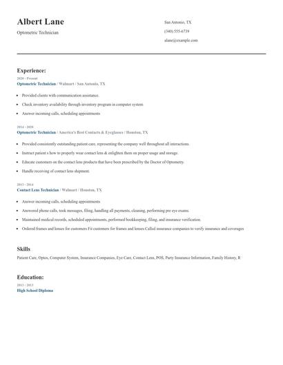 Optometric Technician Resume
