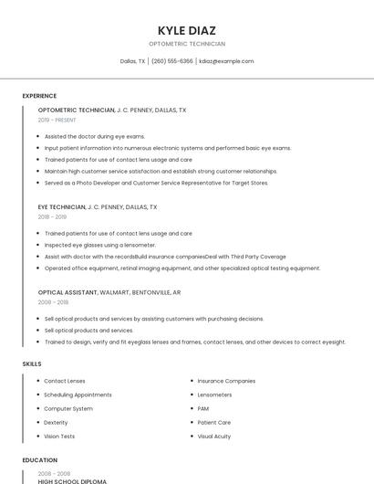 Optometric Technician Resume