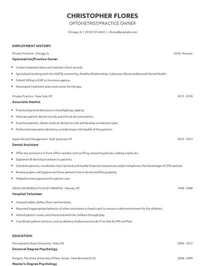 Optometrist/Practice Owner Resume
