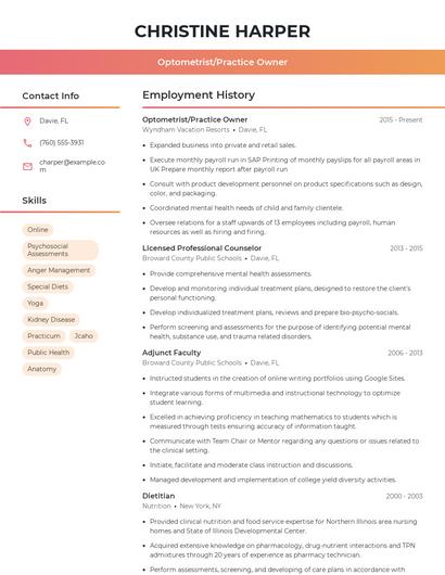 Optometrist/Practice Owner Resume