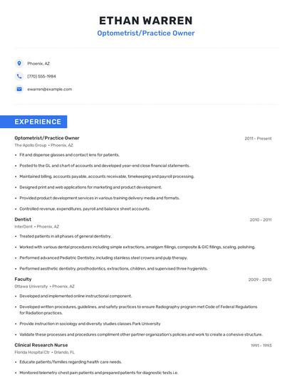 Optometrist/Practice Owner Resume