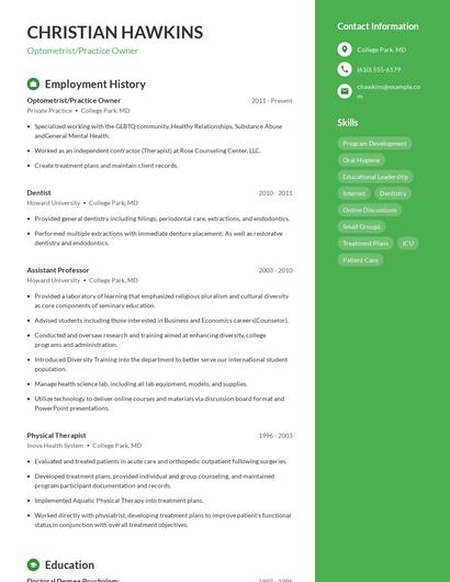 Optometrist/Practice Owner Resume