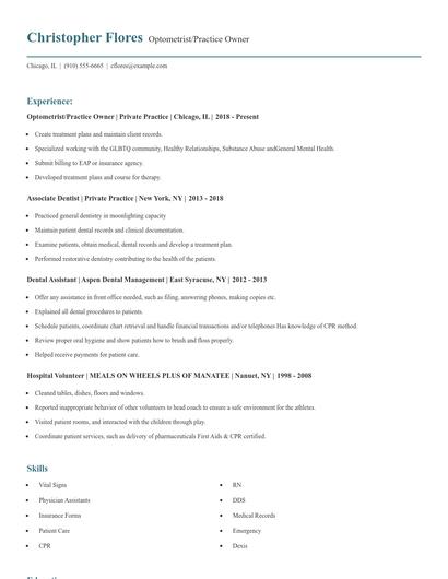 Optometrist/Practice Owner Resume