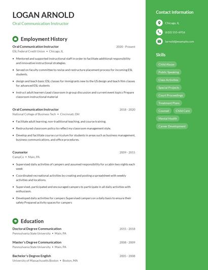 Oral Communication Instructor Resume