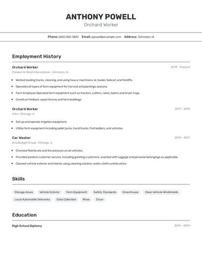 Orchard Worker Resume