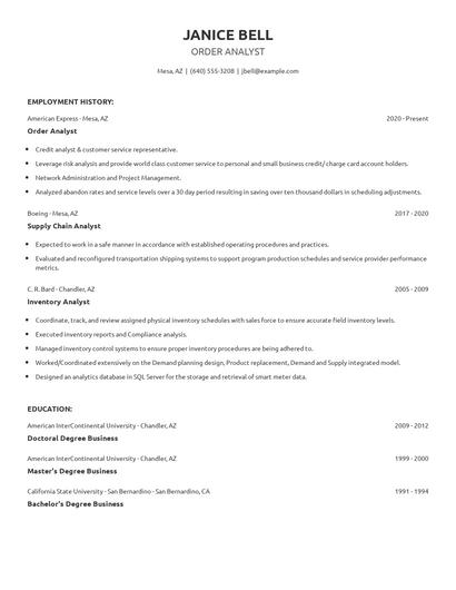 Order Analyst Resume