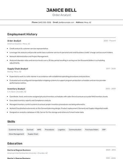 Order Analyst Resume