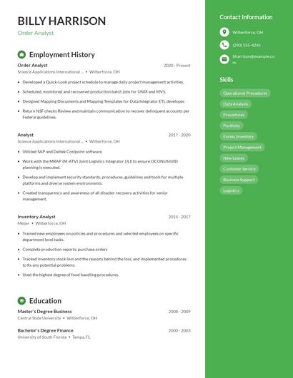 Order Analyst Resume