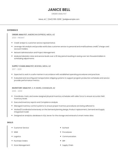 Order Analyst Resume