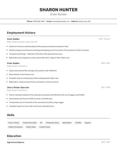 Order Builder Resume
