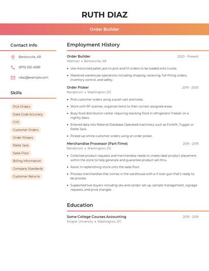 Order Builder Resume