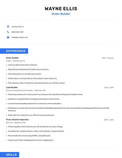 Order Builder Resume