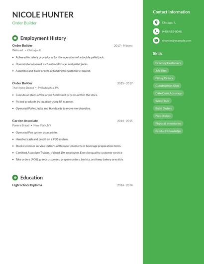 Order Builder Resume