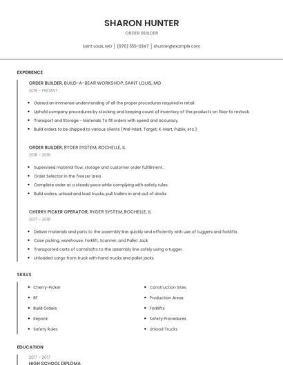 Order Builder Resume
