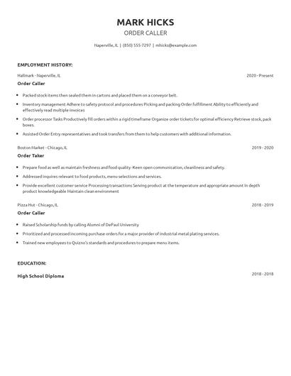Order Caller Resume
