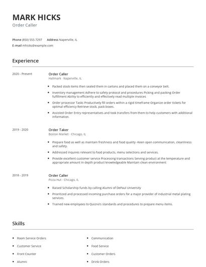 Order Caller Resume