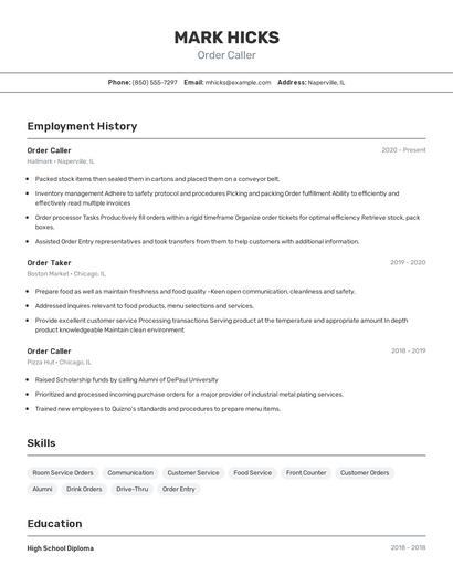Order Caller Resume