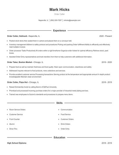 Order Caller Resume