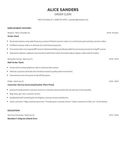 Order Clerk Resume