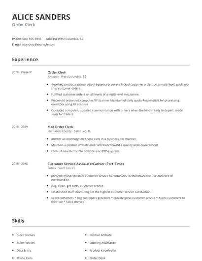Order Clerk Resume
