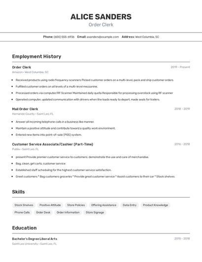 Order Clerk Resume