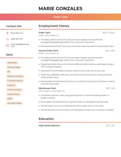 Order Clerk Resume