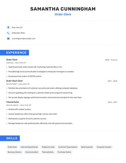 Order Clerk Resume