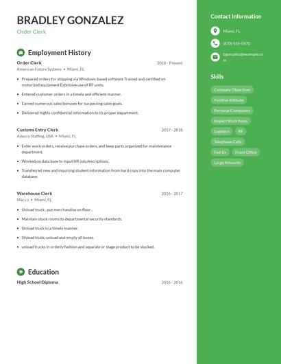 Order Clerk Resume