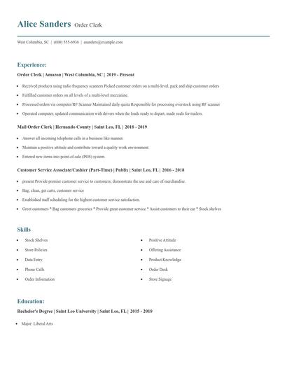 Order Clerk Resume