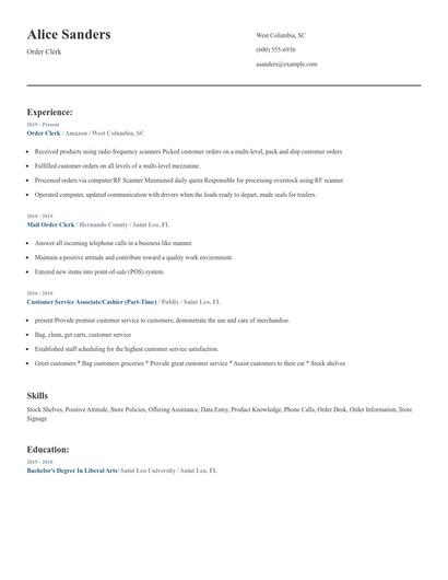 Order Clerk Resume