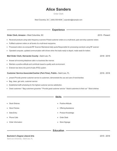 Order Clerk Resume