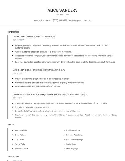 Order Clerk Resume