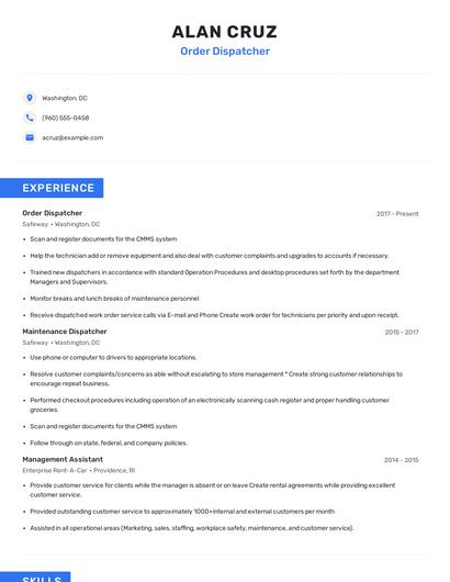 Order Dispatcher Resume