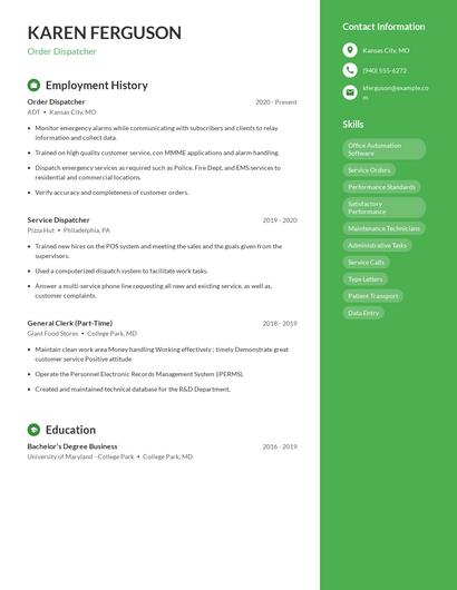 Order Dispatcher Resume