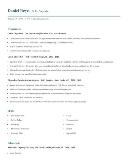 Order Dispatcher Resume