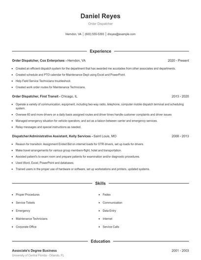 Order Dispatcher Resume