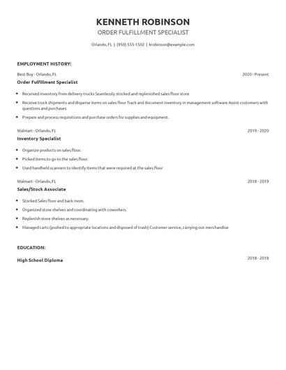 Order Fulfillment Specialist Resume
