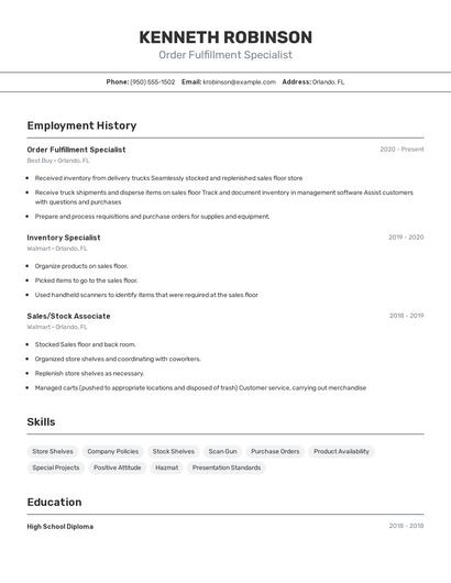 Order Fulfillment Specialist Resume