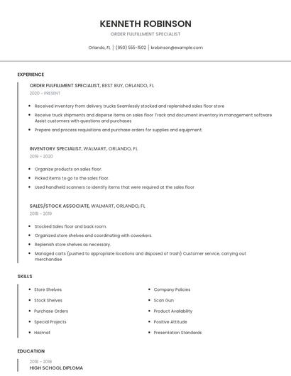 Order Fulfillment Specialist Resume