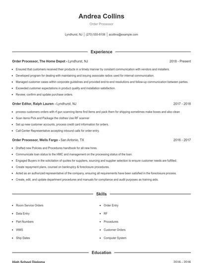 Order Processor Resume