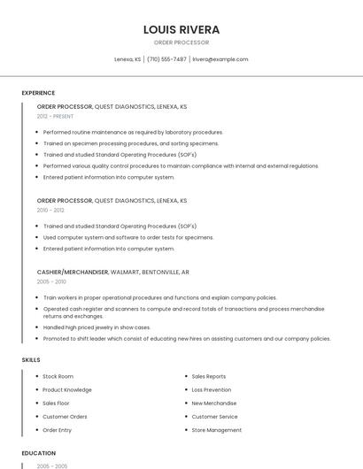 Order Processor Resume