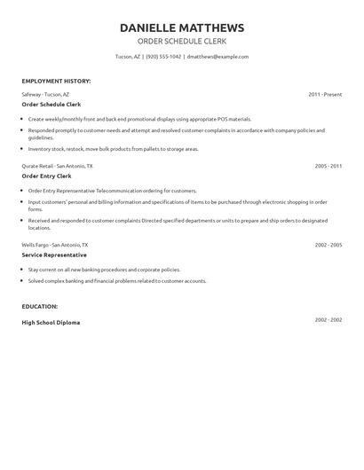 Order Schedule Clerk Resume
