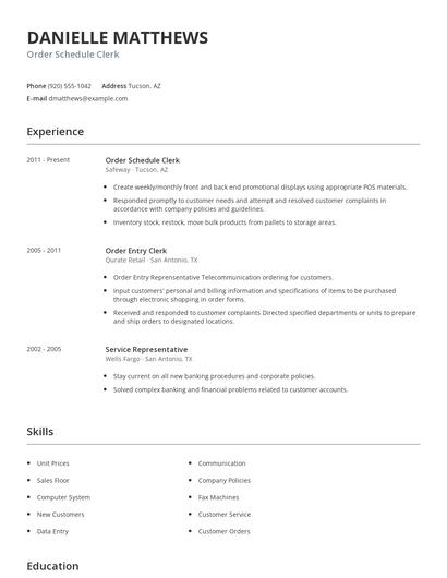 Order Schedule Clerk Resume