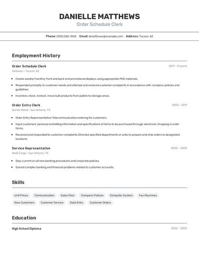 Order Schedule Clerk Resume