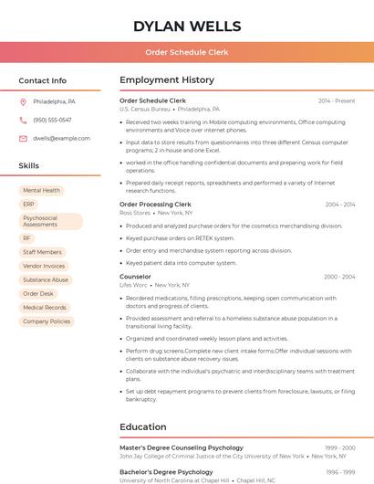 Order Schedule Clerk Resume