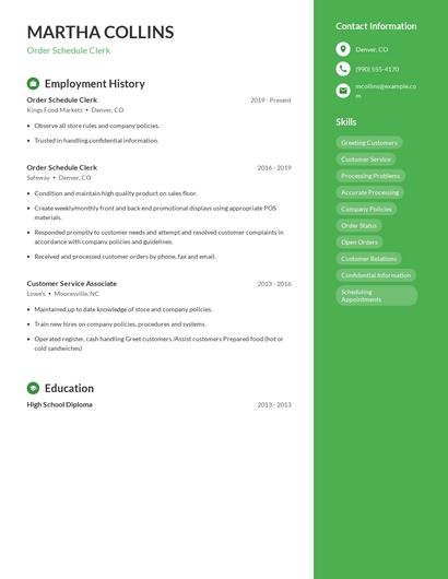 Order Schedule Clerk Resume