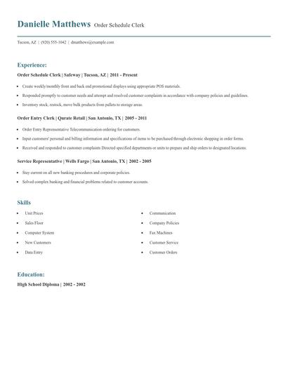 Order Schedule Clerk Resume