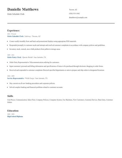 Order Schedule Clerk Resume