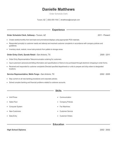 Order Schedule Clerk Resume